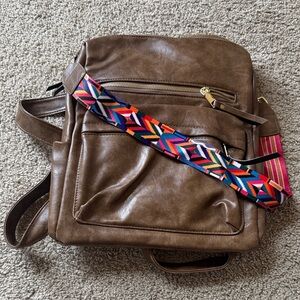 Brown Faux Leather Backpack with Colorful Geometric Strap
